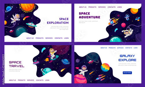 Space galaxy landing pages with cartoon space planets, kid astronauts, aliens and spaceships, vector website templates. Galaxy planets, alien UFO and spaceman in starry universe sky for landing page
