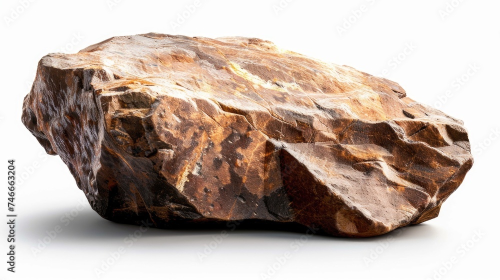 A large rock sitting on a white surface. Perfect for backgrounds or textures