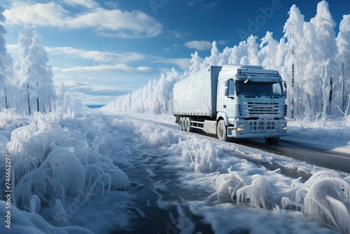 a semi truck driving on the frozen road, in the style of photo-realistic landscapes, high quality photo, commercial imagery, cabincore, light white and azure photo