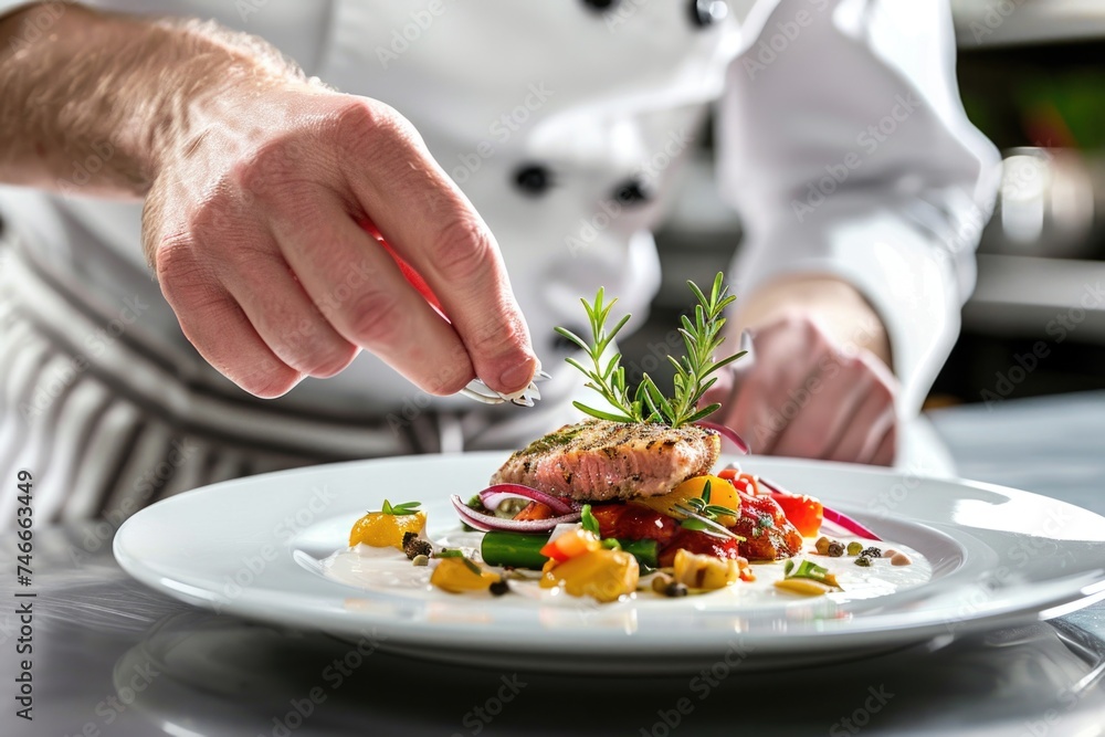 A chef preparing a dish on a white plate. Perfect for culinary themes