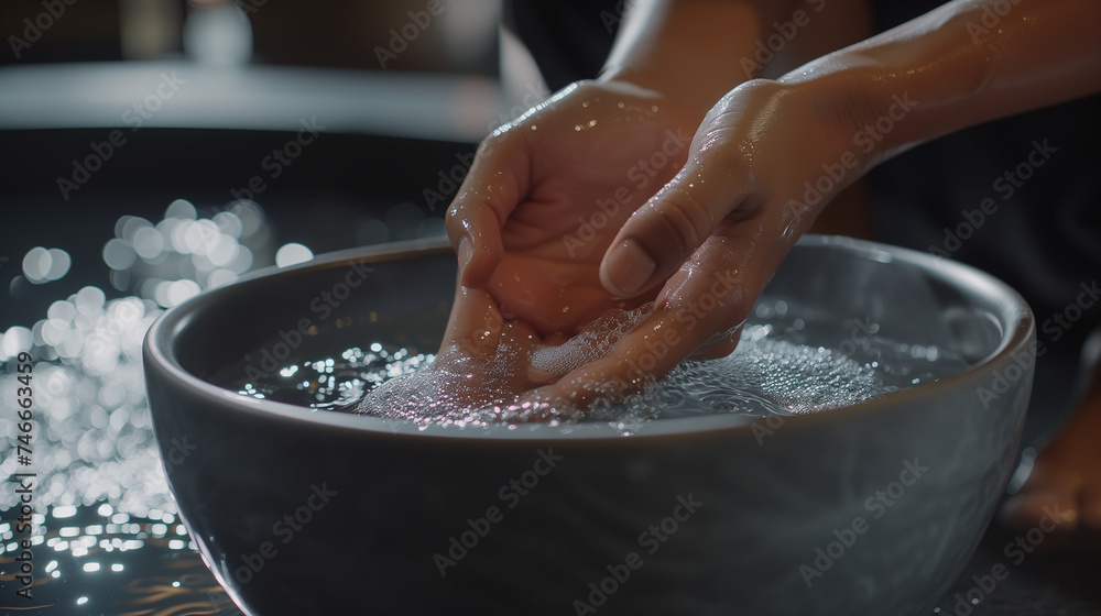 Fototapeta premium Purity in Palms Close-Up View of Spa Hands in Crystal-Clear Water