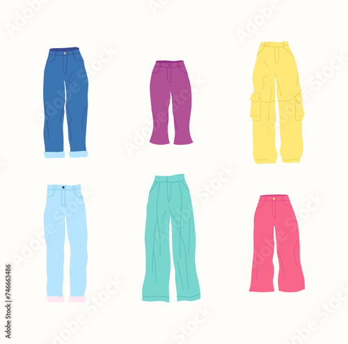 Cartoon Color Different Type Clothes Female Pants Set Concept Flat Design Style. Vector illustration of Classic Pant  Denim and Cargo