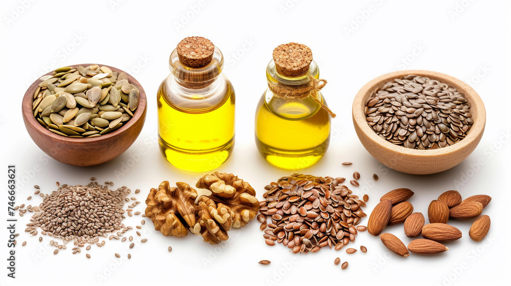 Different sorts of cooking oil and ingredients isolated on white background. food concept cup cut oil bottle and seeds isolated. Different sorts of cooking oil and ingredients isolated on white background. food concept cup cut oil bottle and seeds isolated.