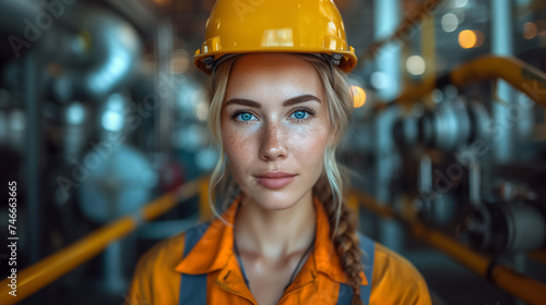 Confident Engineer in Hard Hat Female Worker's Determination in Factory © silvia