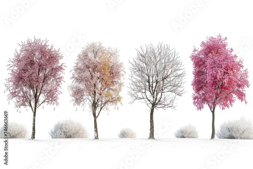 A peaceful scene of four trees standing in the snow. Suitable for winter themes