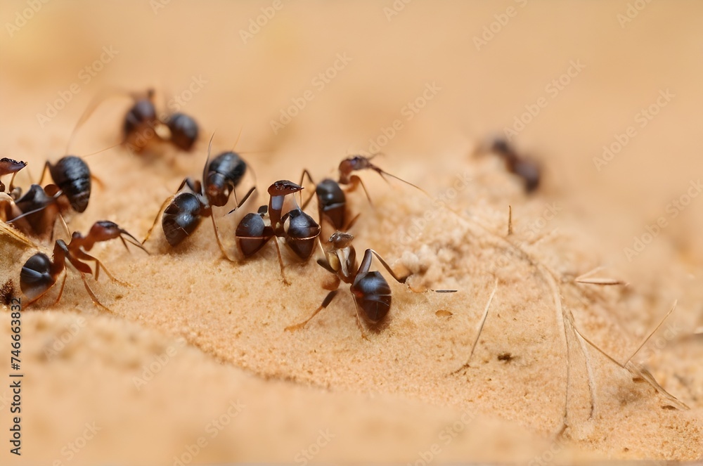 Ants working together on sand, closeup, macro view, Ants working together on sand, closeup, macro view,