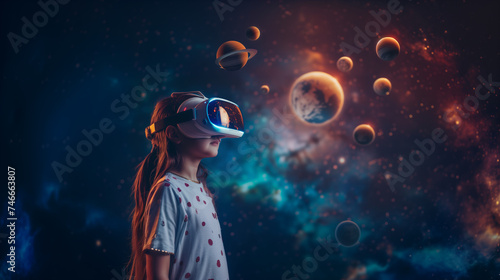 Inquisitive Explorer Kid with VR Glasses Studies the Solar System
