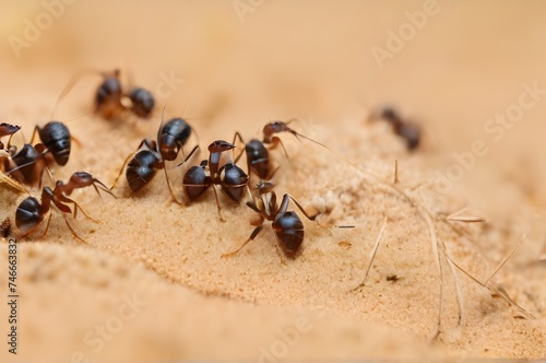 Ants working together on sand, closeup, macro view,