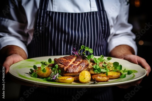 Modern food stylist decorating meal in restaurant. Close-up of waiter carrying food
