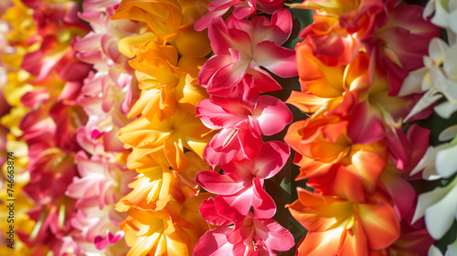 Tropical flower lei garlands close up, Traditional Hawaiian symbol. Lei Day in Hawaii