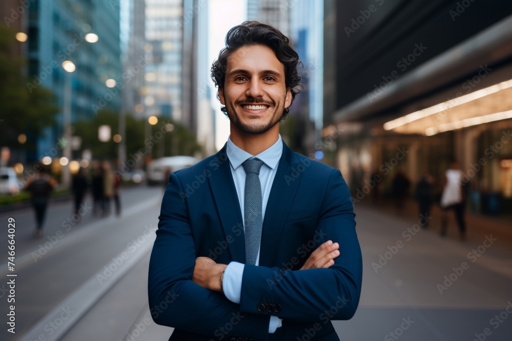 Happy indian business leader posing outdoors in urban city for professional headshot portrait