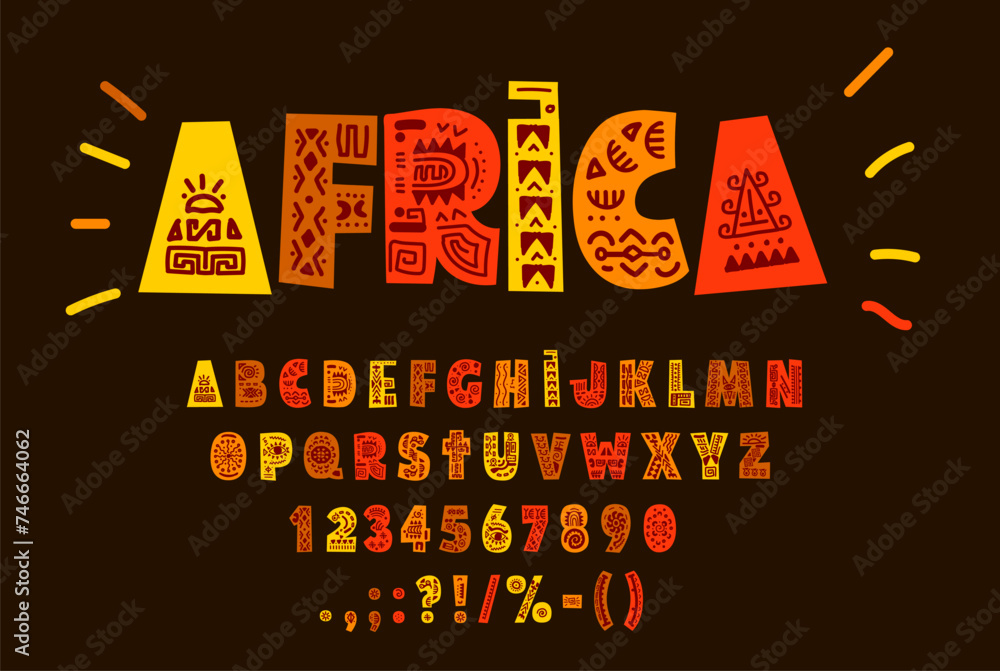 African font, ethnic folk typeface or tribal type of native English ...