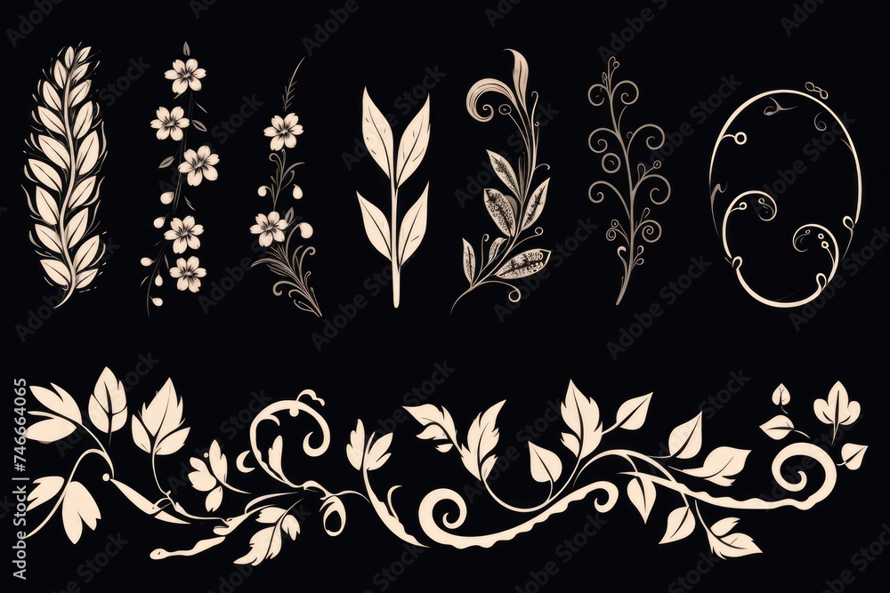 Beautiful floral designs on a striking black background. Perfect for adding a touch of elegance to any project Beautiful floral designs on a striking black background. Perfect for adding a touch of elegance to any project