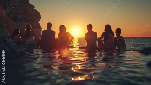 Group of people enjoying the sunset by the water  perfect for travel or relaxation concepts