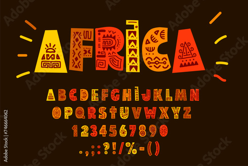 African font, ethnic folk typeface or tribal type of native English alphabet, vector letters and symbols. African typography font with tribal art ornament, cartoon ABC text and typographic font signs