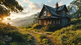 a simple house with grassy field and beautiful sky, in the style of grandiose color schemes, lovely, serene scenes, pictorial space, vibrant, lively, solarizing master