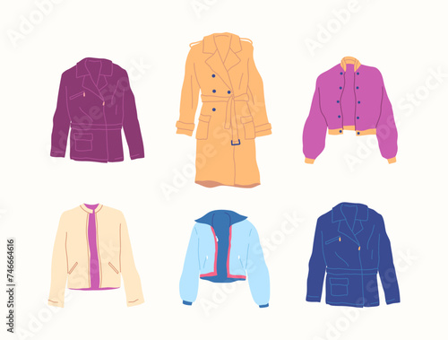 Cartoon Color Different Type Clothes Male Coats Set Concept Flat Design Style. Vector illustration of Long Coat and Trench