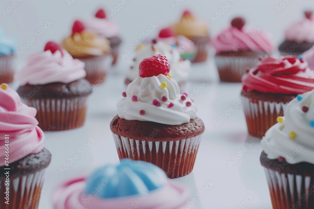 A group of delicious cupcakes with frosting and sprinkles. Perfect for bakery or dessert concepts