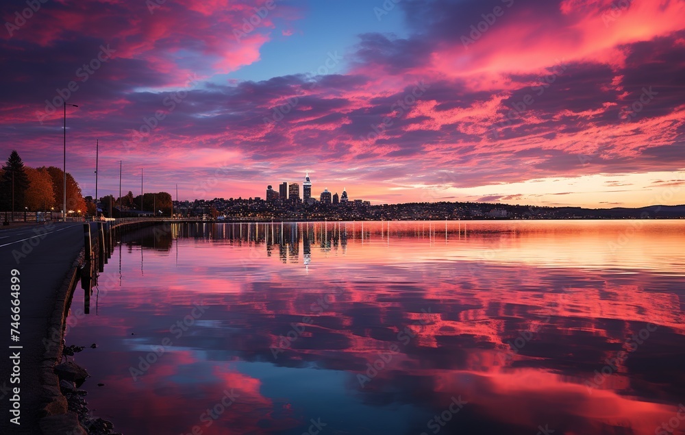 a skyline is the reflection of water in the sky, in the style of classicist approach, mesmerizing colorscapes, light pink and blue, impressive skies, flickr