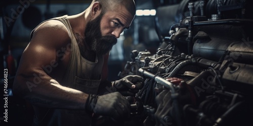 A man is seen working on an engine in a garage. Suitable for automotive industry