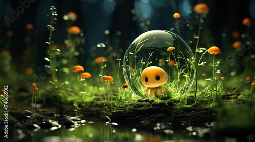 a small green alien in grass inside a bubble of water, in the style of cute and quirky, mesmerizing colorscapes photo