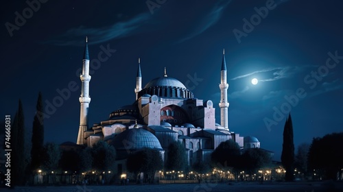 Stunning image of a grand blue mosque glowing in the dark, perfect for travel websites or religious publications