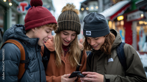 group of teenagers looking at their mobile phones