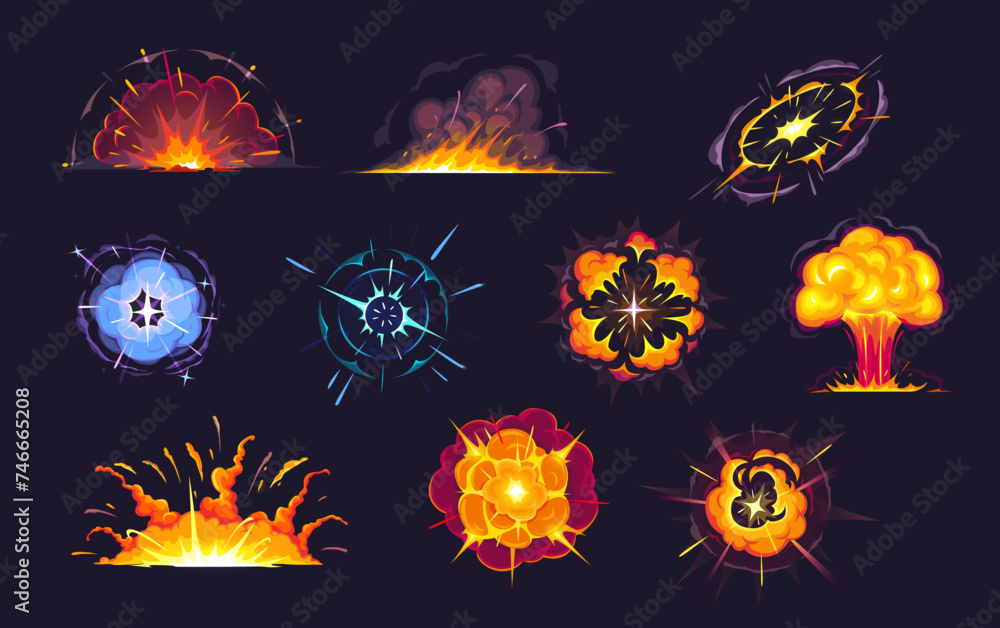 Fototapeta premium Cartoon bomb explosion effects with smoke and boom blast clouds, vector set. Atomic bomb mushroom explode or fire of explosives and TNT dynamite explosion, firework boom flash, pop puff and burst rays