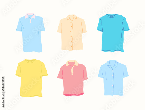 Cartoon Color Different Type Clothes Male Shirts Set Concept Flat Design Style. Vector illustration of Model Polo Shirt