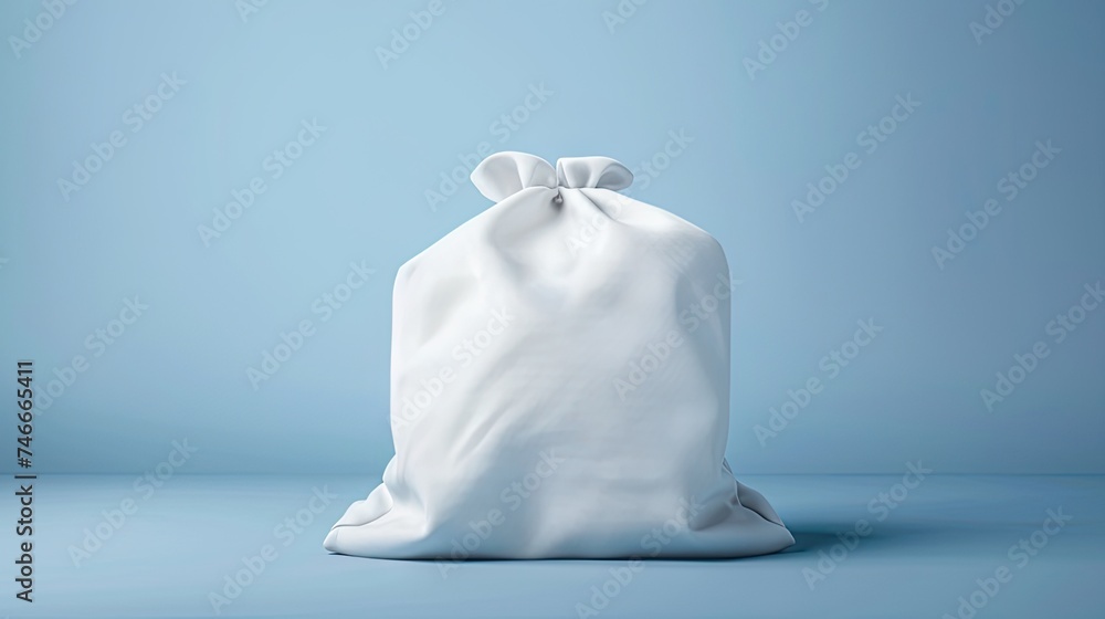Mockup of a blank white fabric bag on a blue background, an ideal canvas for personalized branding. Mockup of a blank white fabric bag on a blue background, an ideal canvas for personalized branding.