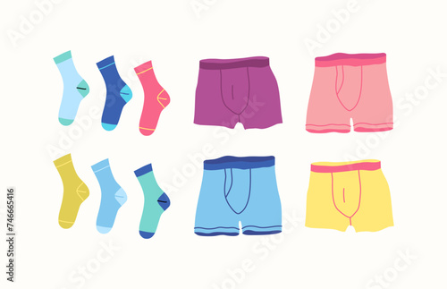 Cartoon Color Different Type Clothes Male Underwear Set Concept Flat Design Style. Vector illustration of Boxer and Socks