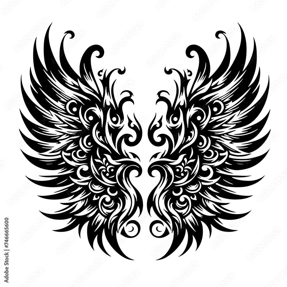 Cartoon Black and White Isolated Illustration Vector Of A Pair of Decorated Angel Wings