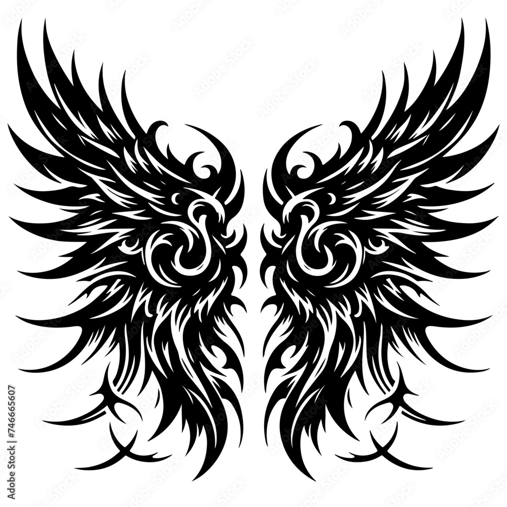 Fototapeta premium Cartoon Black and White Isolated Illustration Vector Of A Pair of Decorated Angel Wings