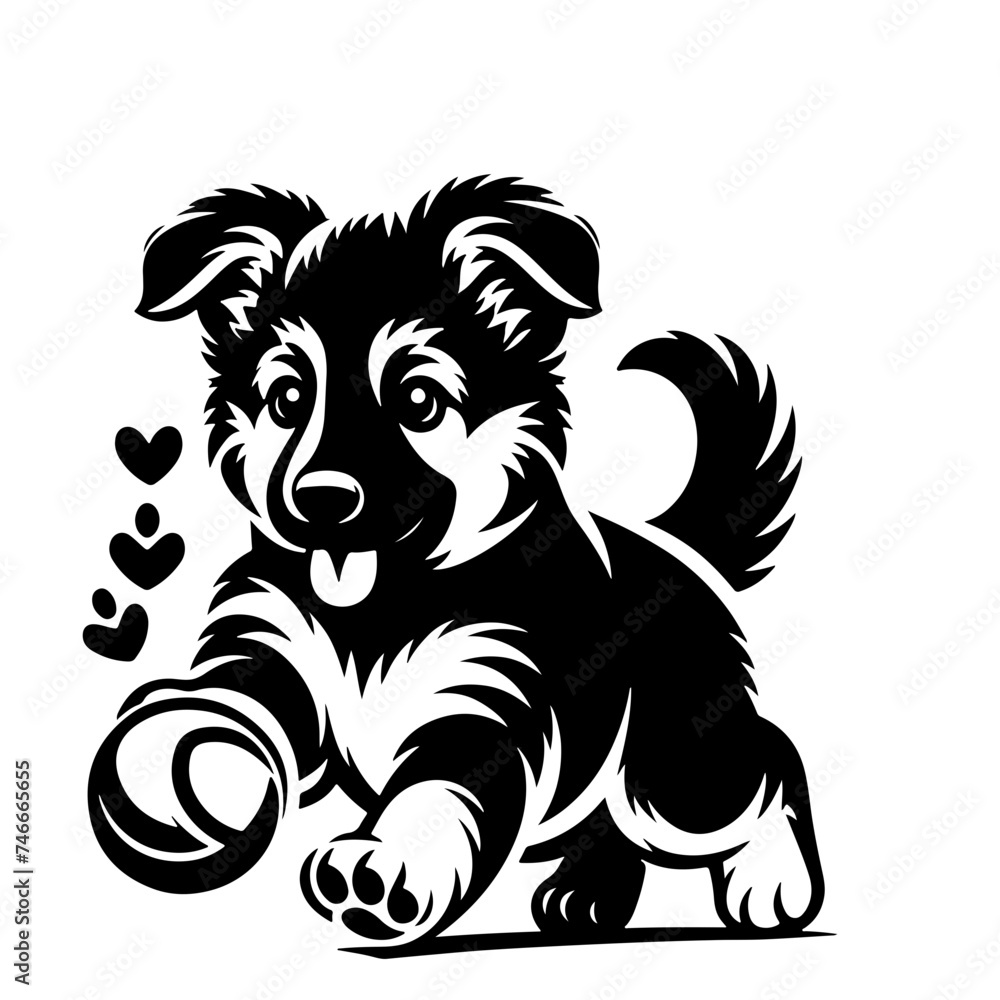 Cartoon Black and White Isolated Illustration Vector Of A Pet Puppy Dog Playing with A Tennis Ball