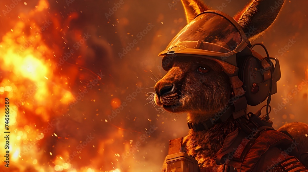 Kangaroo in Futuristic Helmet Stands Fierce in Post-Apocalyptic Setting