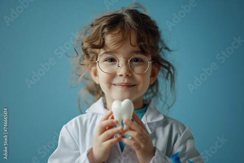 Little Caucasian cute wavy haired girl in a doctor coat and glasses with a big plastic tooth on a blue background