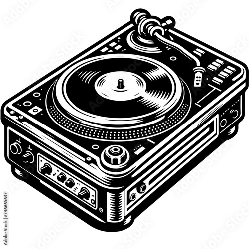 Cartoon Black and White Isolated Illustration Vector Of A DJs Vinyl Turntable Deck