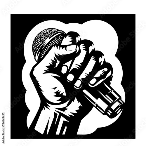 Cartoon Black and White Isolated Illustration Vector Of A Persons Hand Holding A Microphone