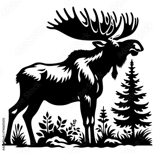 Cartoon Black and White Isolated Illustration Vector Of A Moose Animal Standing With Trees and Plants in Background