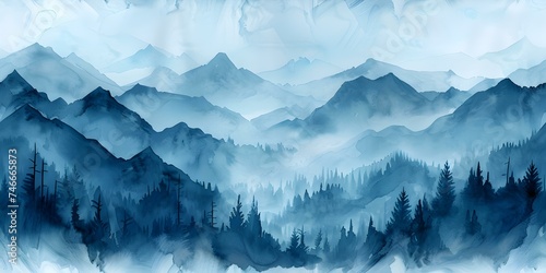 Watercolor Illustration of Misty Mountains, Hills, and Trees Against a Blue Sky Seamless Background. Concept Nature, Landscape, Watercolor Illustration, Mountains, Trees