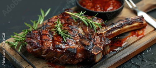 A piece of steak sits on a cutting board, covered in sauce, ready to be cooked. The juicy meat is marbled with fat, promising a delicious meal for barbecue enthusiasts.