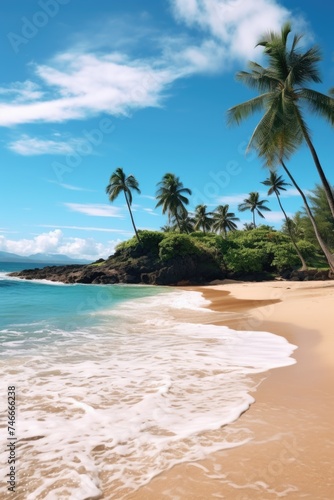 A serene beach with palm trees under the sun. Perfect for travel brochures