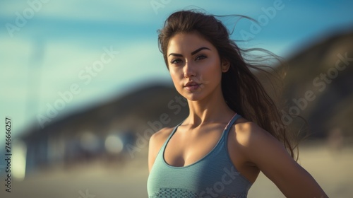 Young woman standing on sandy beach, perfect for travel concepts