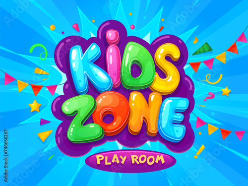 Kid zone banner for children area playground or playroom  vector cartoon blue background. Fun and game play room colorful bubble letters with flags and confetti splash for kid zone or playground