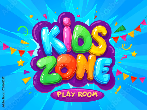 Kid zone banner for children area playground or playroom, vector cartoon blue background. Fun and game play room colorful bubble letters with flags and confetti splash for kid zone or playground