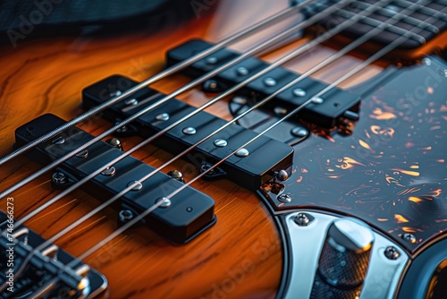 Closeup of a new abstract sunburst five string bass guitar with three single coil pickups between the bridge and neck.