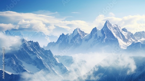 A scenic view of a mountain range with clouds in the foreground. Perfect for travel websites © Fotograf