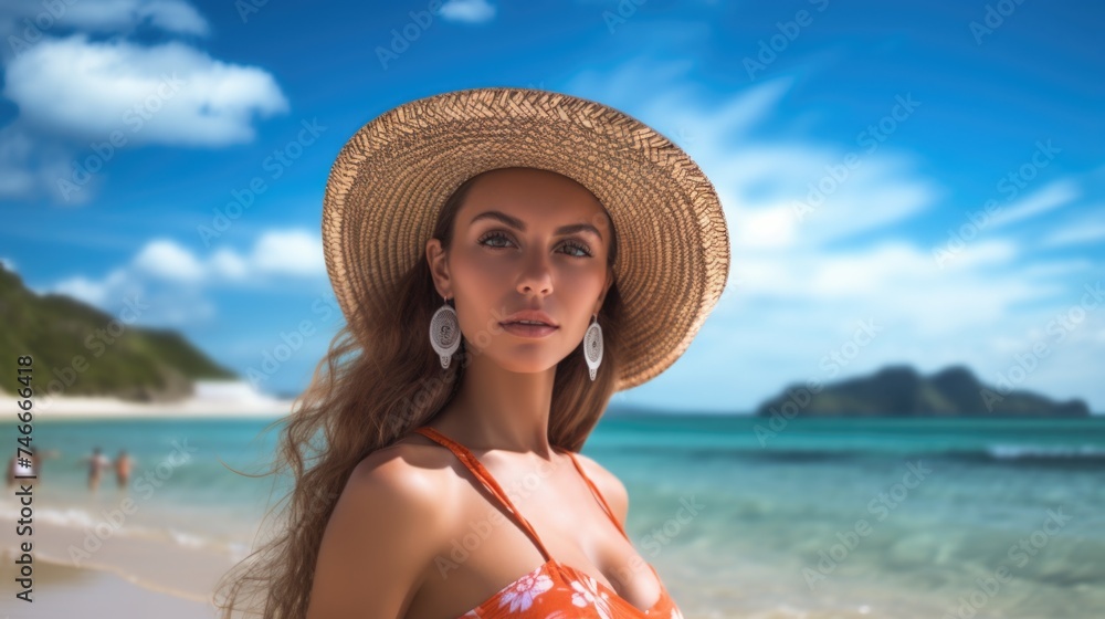 A woman enjoying the sun on a sandy beach. Perfect for travel brochures