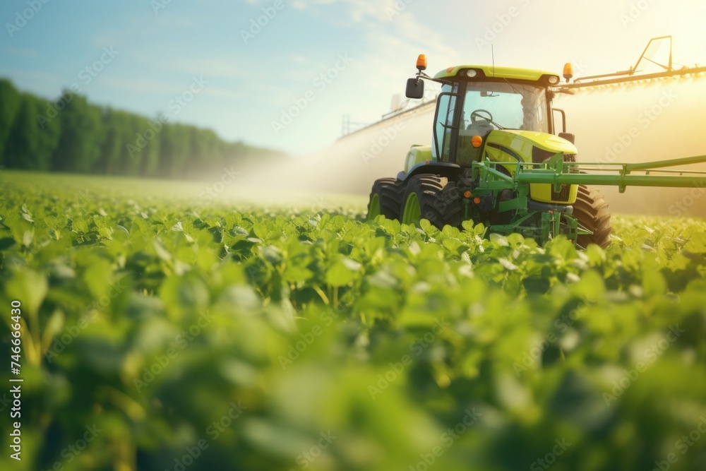 A tractor spraying pesticide on a vast field. Suitable for agriculture concepts A tractor spraying pesticide on a vast field. Suitable for agriculture concepts