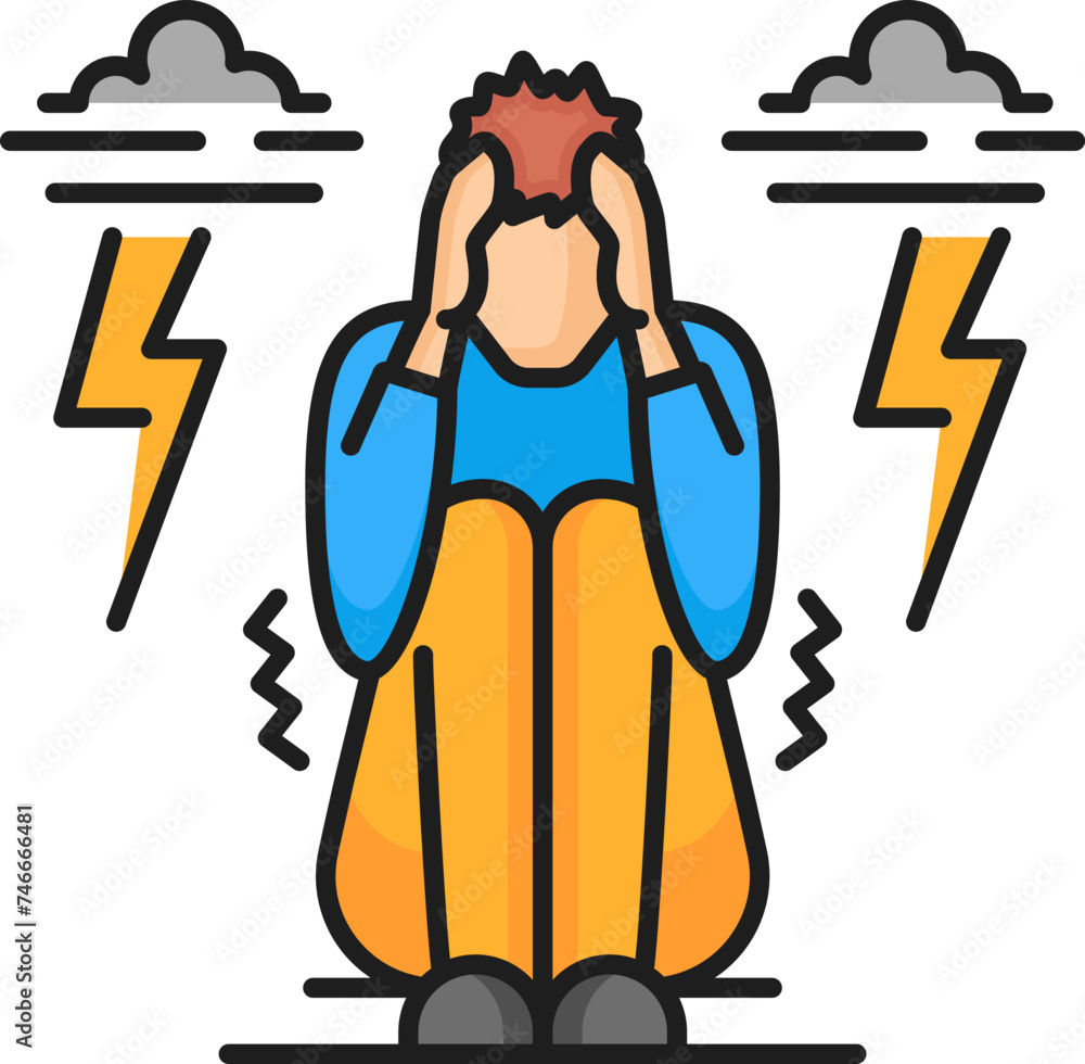 Human phobia icon of astraphobia or fear of thunder lightning, vector